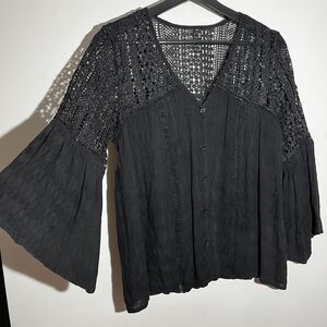 Women's black romantic top lace button up flare sleeves Whimsigoth crotchet